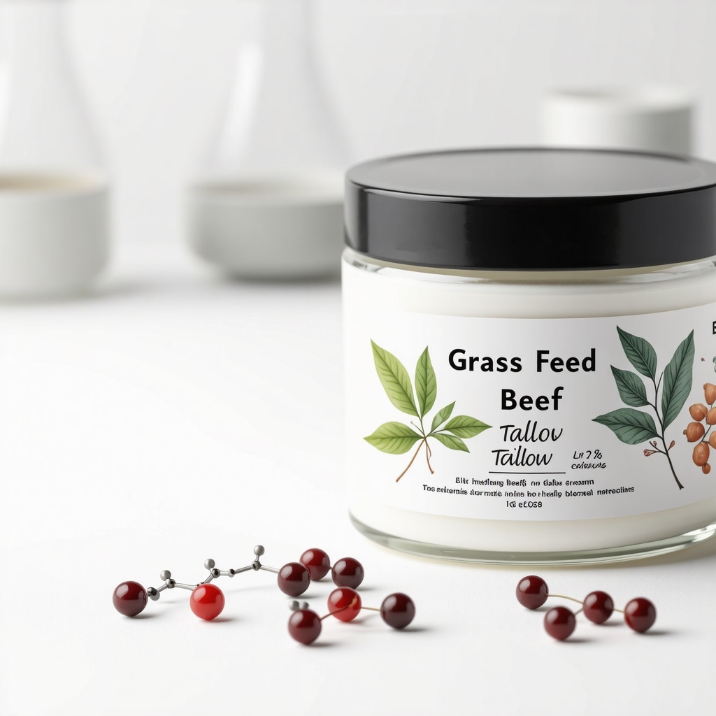 Jar of grass-fed beef tallow cream with botanical extracts and molecular structure graphics representing advanced skincare formulations