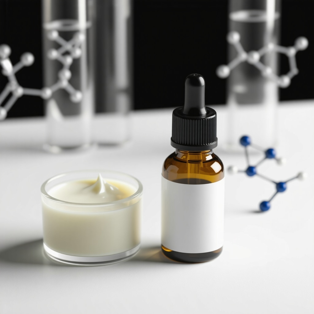 Scientific skincare lab setup with grass-fed tallow cream, serum bottle, and lipid molecular structures overlay