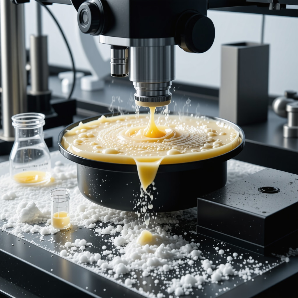 Microscopic lipid molecules and emulsification equipment illustrating advanced tallow cream formulation techniques