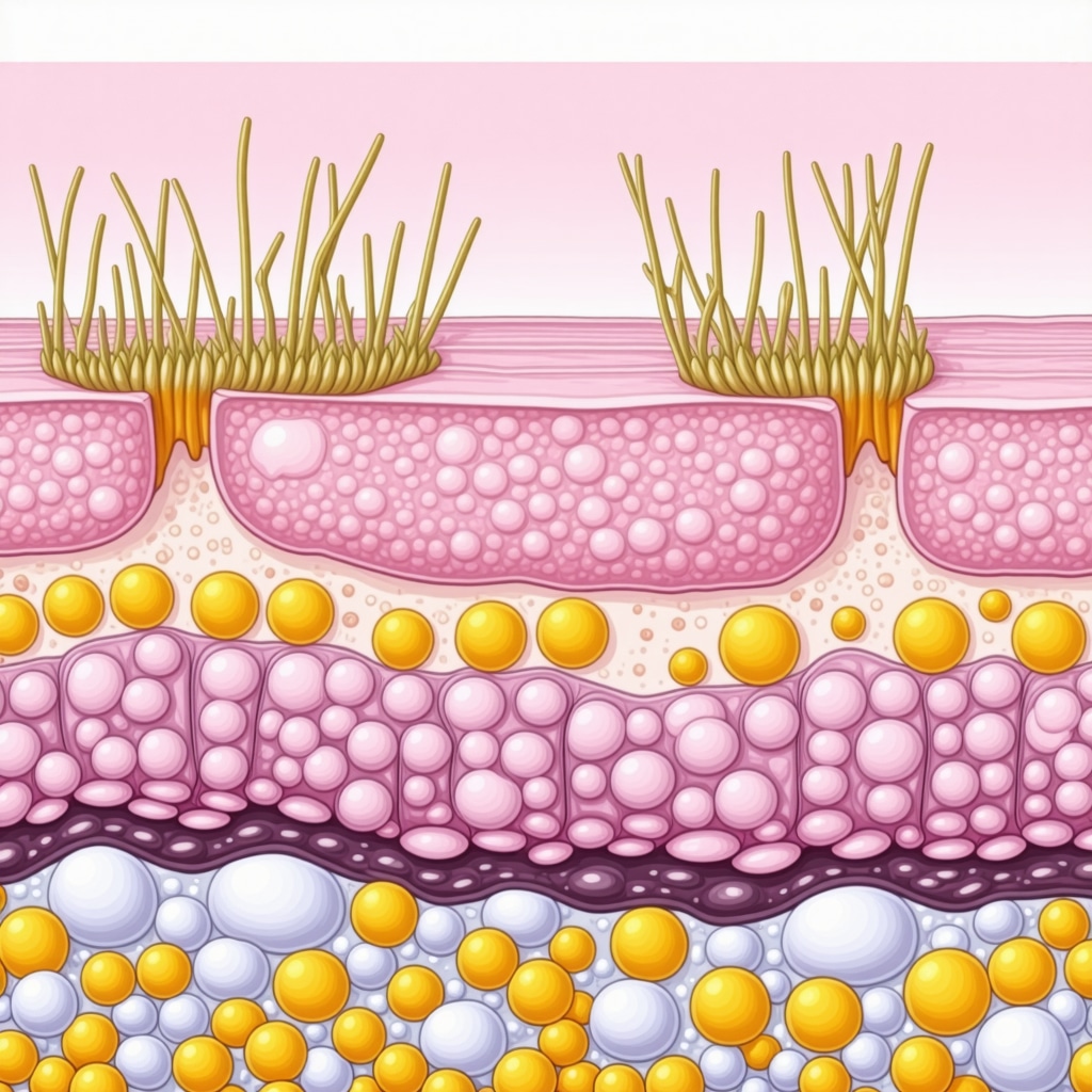Illustration of skin layers showing lipid nanocarriers delivering tallow and coconut oil nutrients with balanced skin microbiome