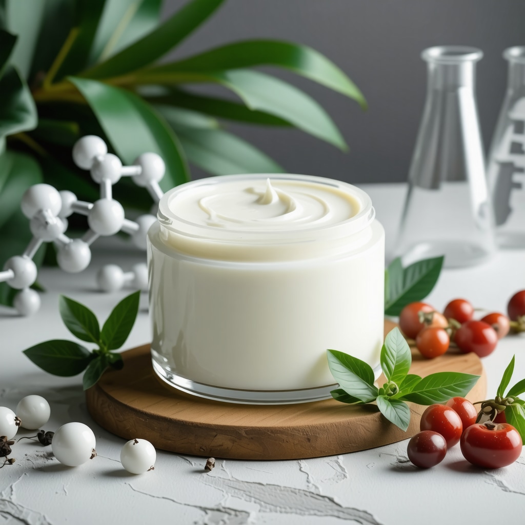 Jar of grass-fed beef tallow cream alongside botanical extracts and molecular diagrams representing fatty acids and antioxidants