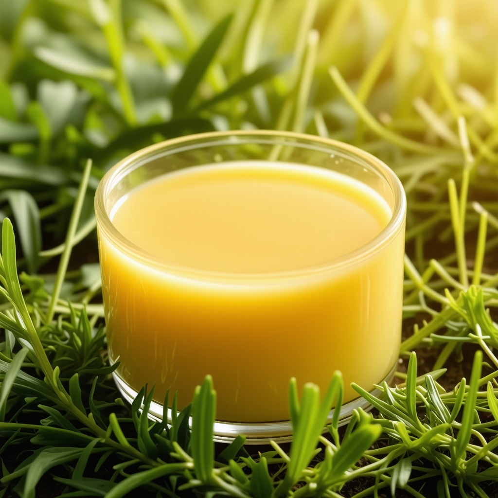 Close-up image of golden grass-fed beef tallow in glass container with fresh pasture grass background