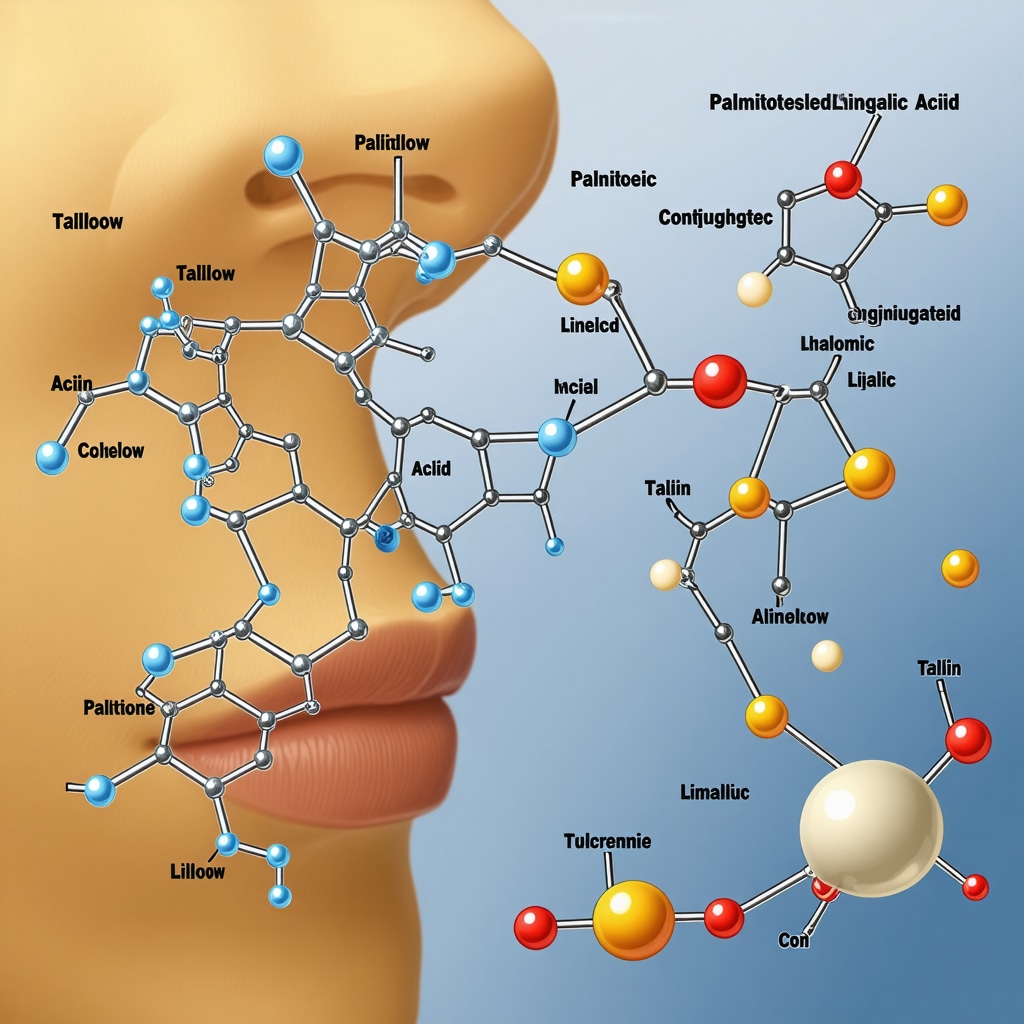 Scientific illustration showing fatty acid profile of organic tallow and its effects on skin microbiome and immunity