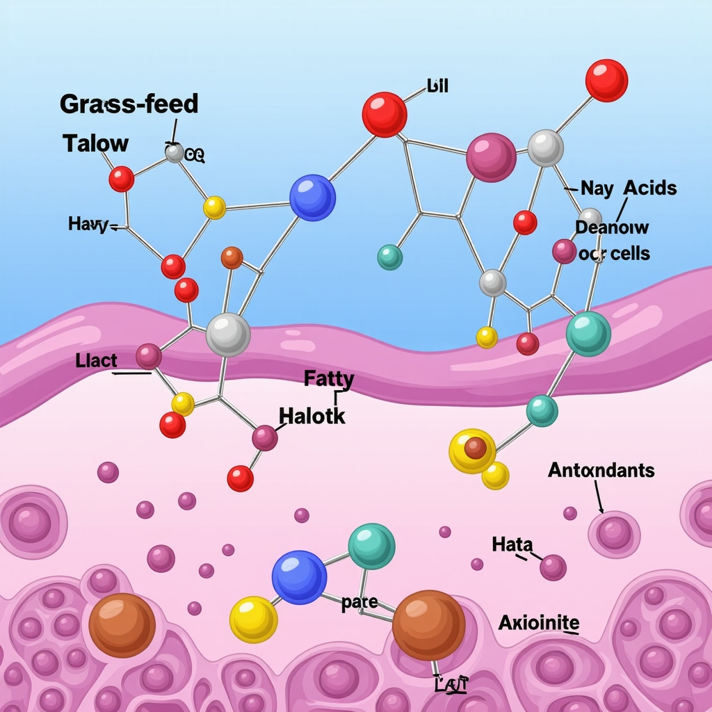 Illustration of grass-fed tallow fatty acids integrating with skin cell membranes