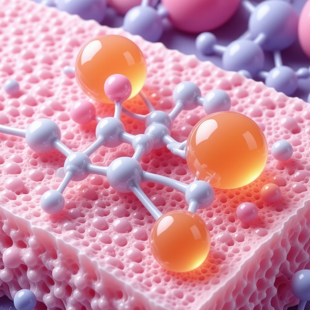 Scientific visualization showing molecular structures of tallow and lanolin interacting with human skin layers