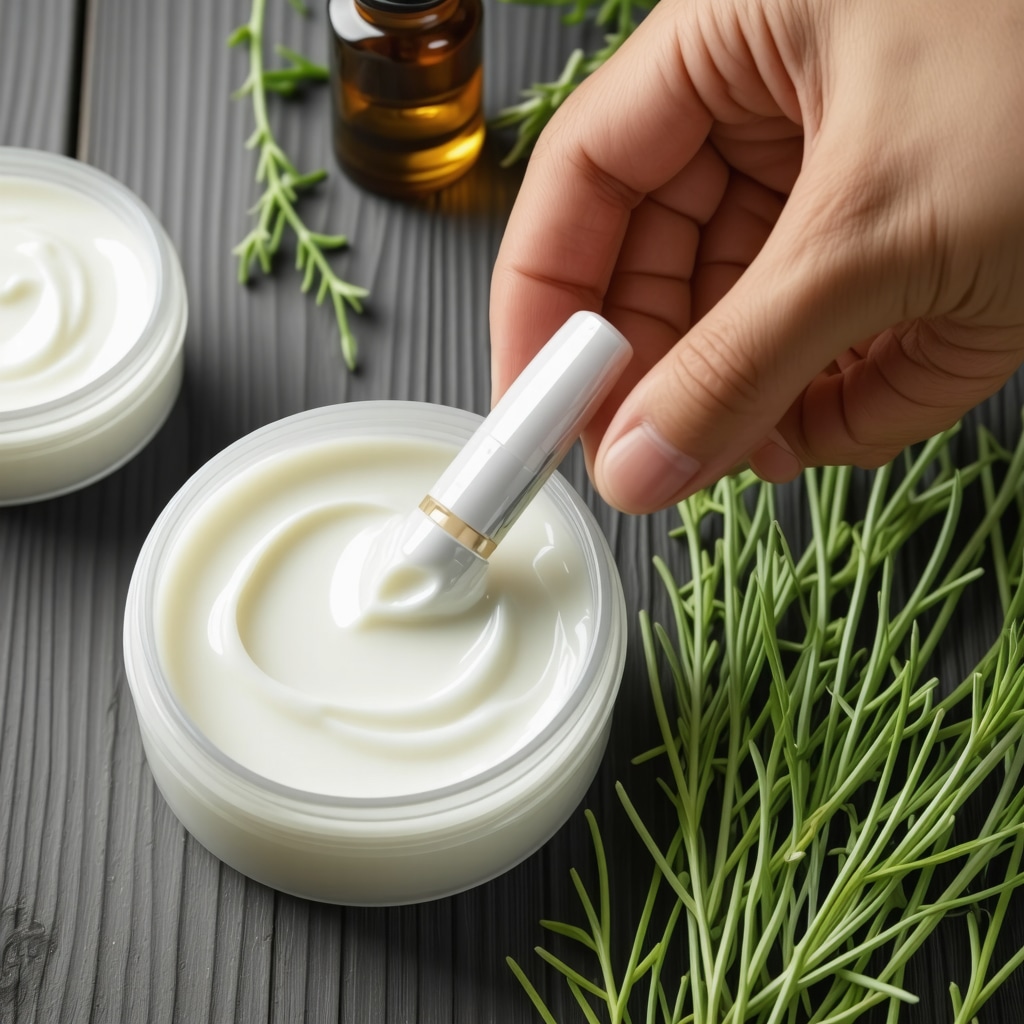 Close-up of natural tallow cream applied on skin with grass and essential oils background