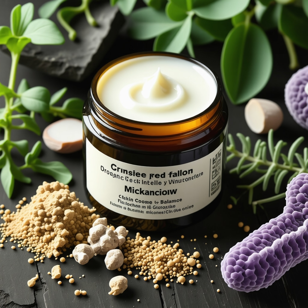 Jar of organic grass-fed tallow cream with botanical extracts and skin microbiome illustration