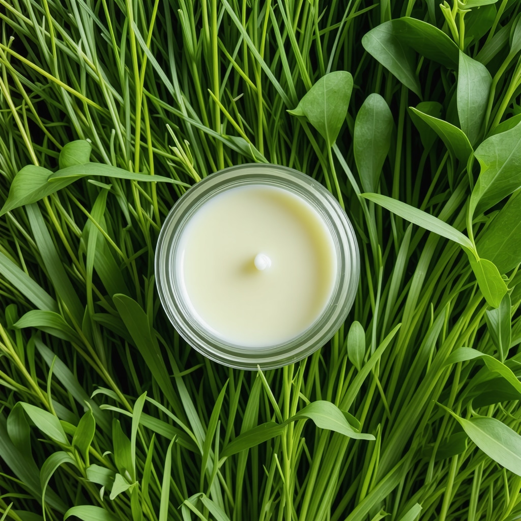 Jar of organic grass-fed tallow balm with fresh grass and essential oils in natural setting