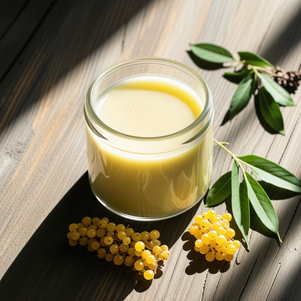 Close-up of organic tallow cream jar with frankincense resin and Boswellia leaves on wooden surface