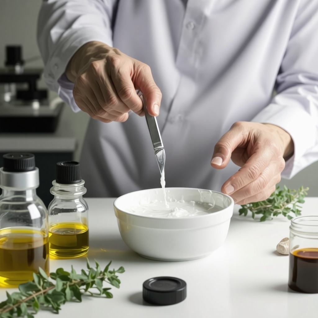 Scientist preparing beef tallow cream blended with botanical extracts for advanced skincare