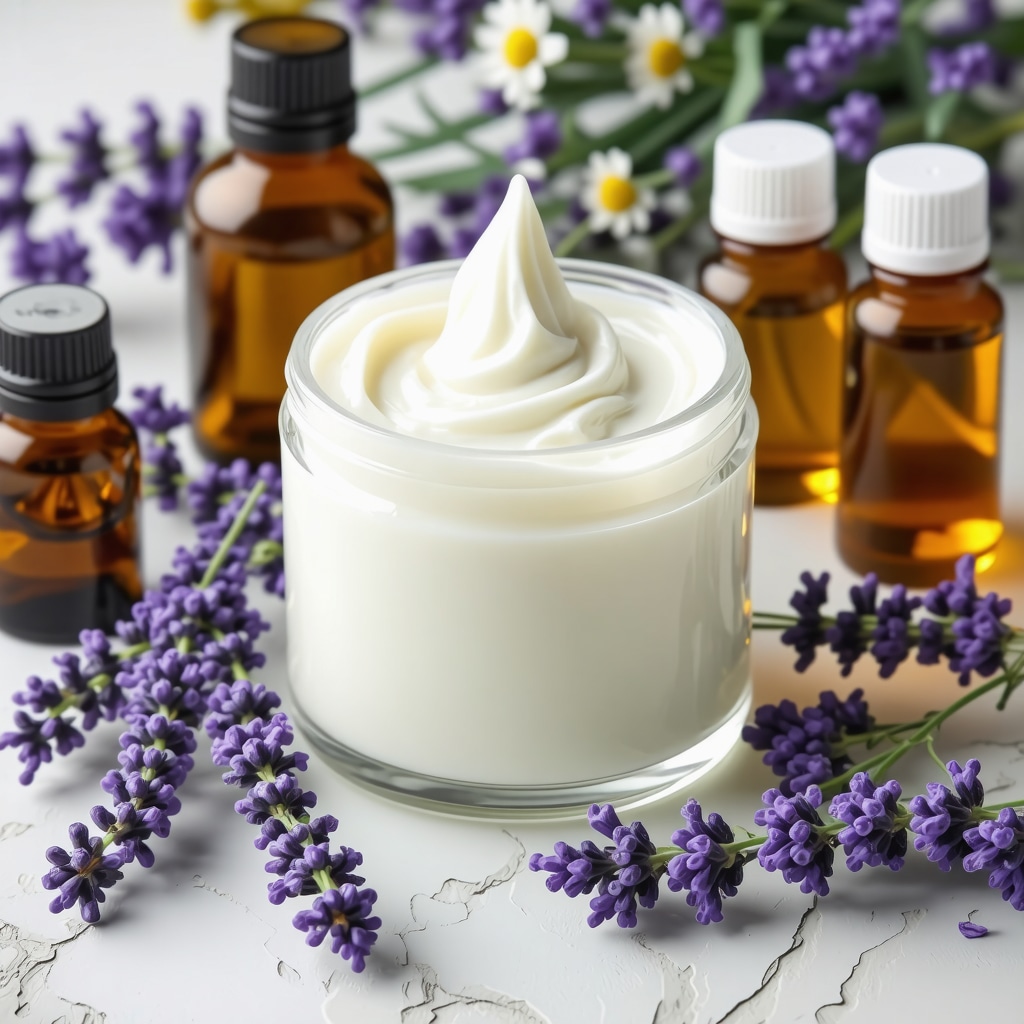 Jar of whipped tallow cream with essential oils and natural flowers around it in a cozy skincare setting
