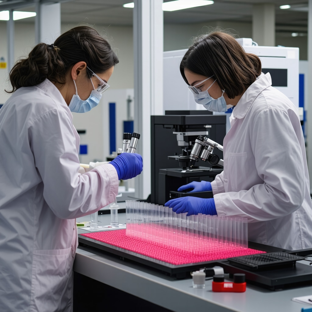 Scientists using spectroscopy equipment to analyze ethical tallow lipid samples in a modern lab