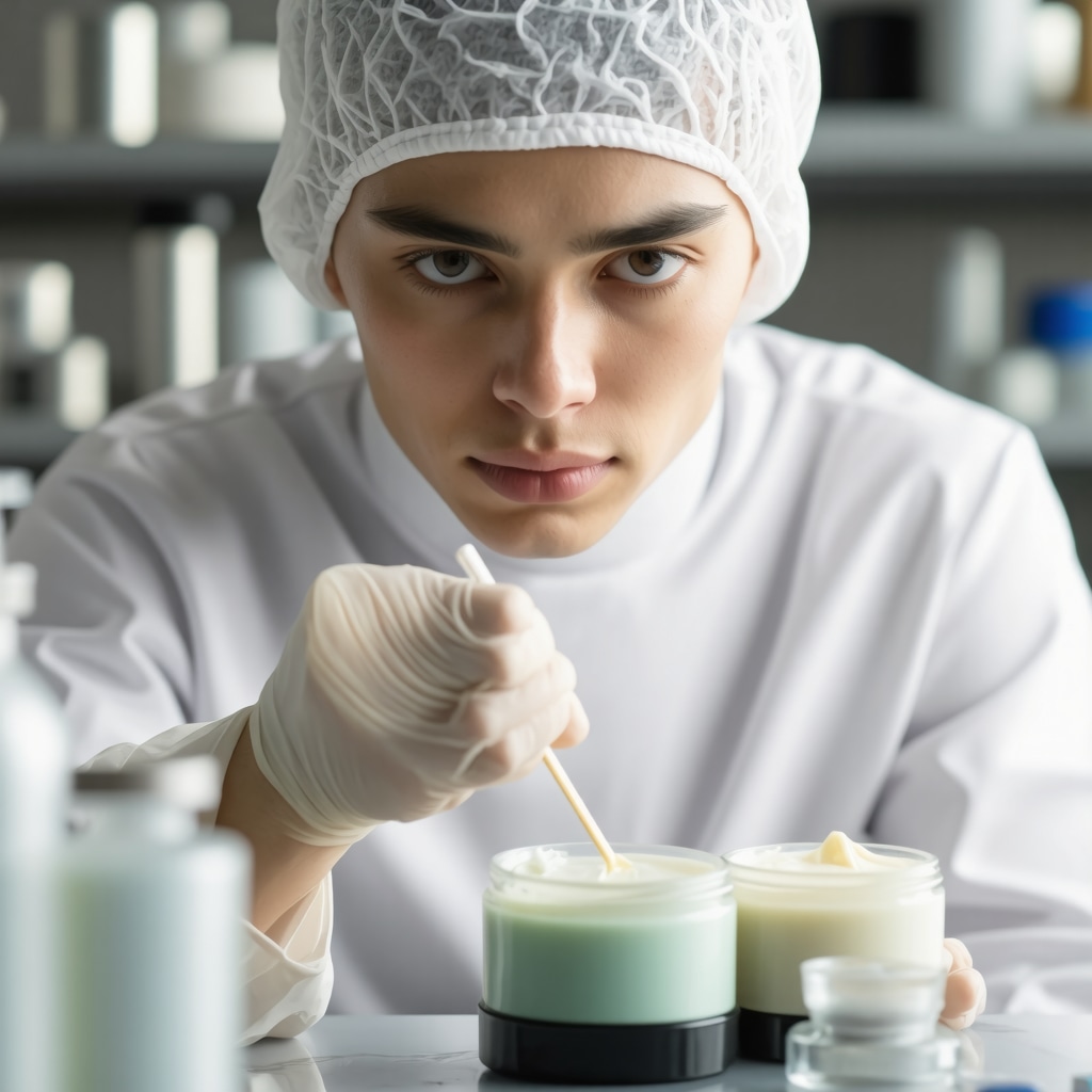 Scientist formulating organic tallow cream with frankincense via nanotechnology in lab