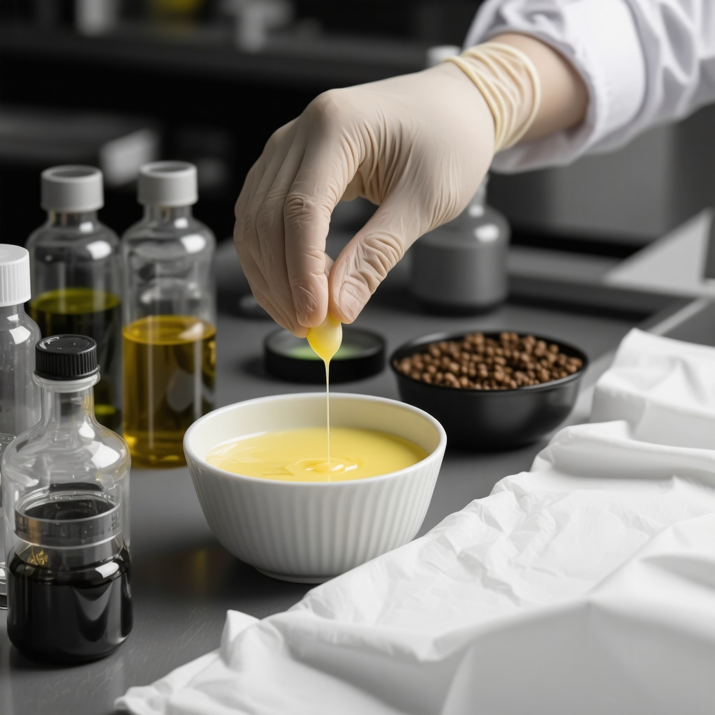 Cosmetic chemist blending organic tallow with botanical extracts and lecithin in a laboratory