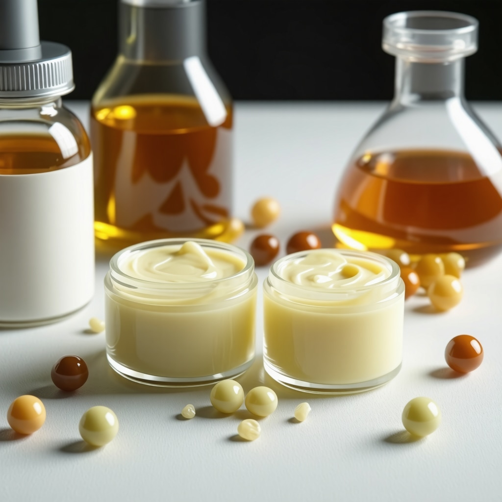 Laboratory scene illustrating organic tallow salve with emulsifiers and antioxidants, highlighting lipid molecular structures
