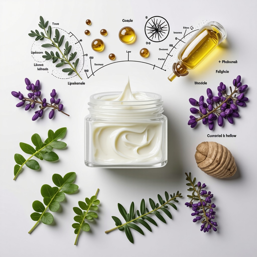 Grass-fed tallow cream jar with botanical extracts and schematic liposome illustrations symbolizing advanced skincare technology