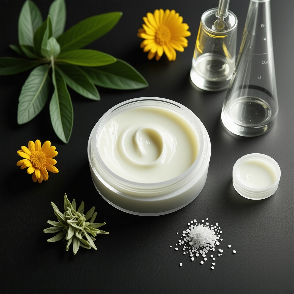 Close-up of tallow cream blended with botanical extracts and scientific equipment for formulation