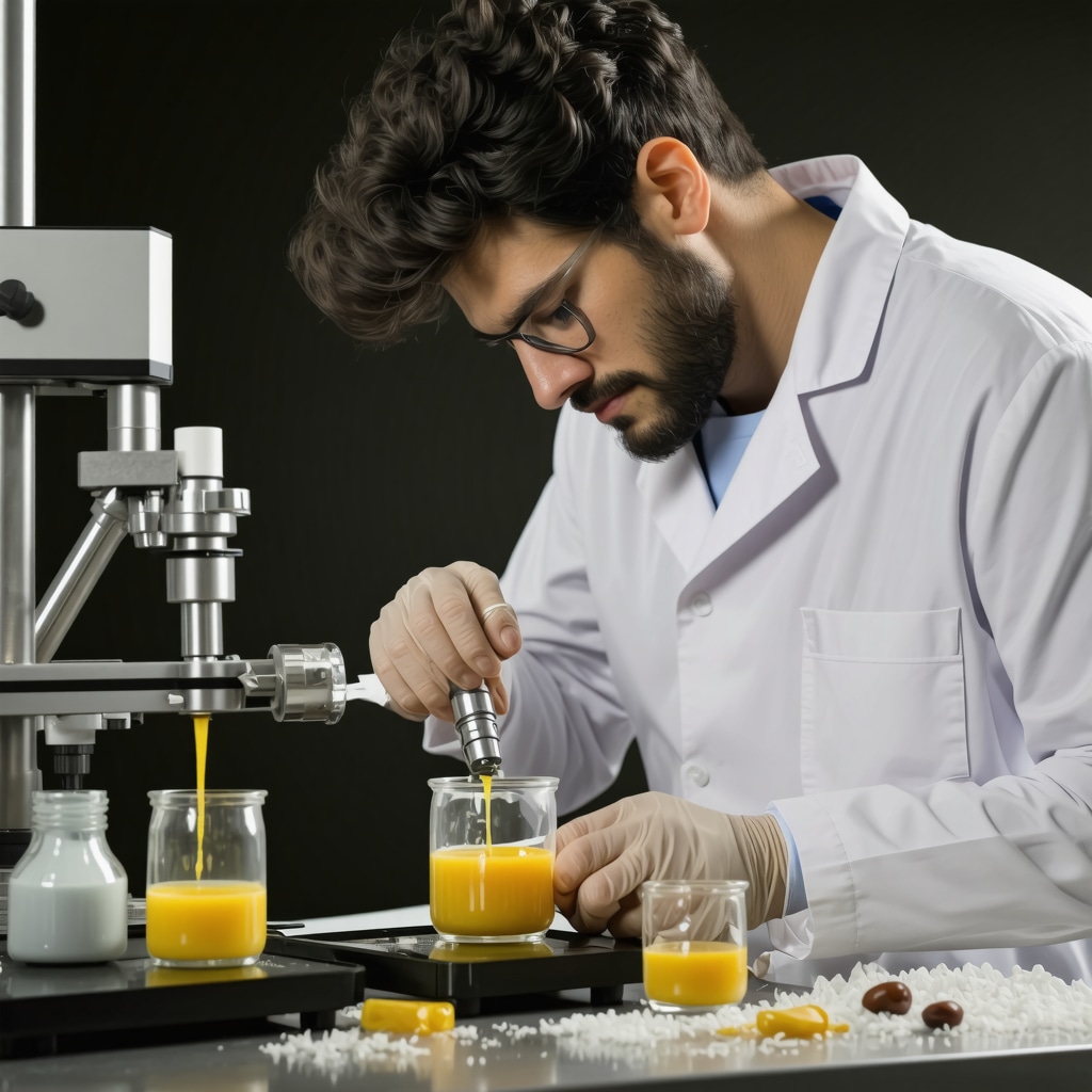 Scientist blending grass-fed tallow with essential oils in cosmetic lab environment
