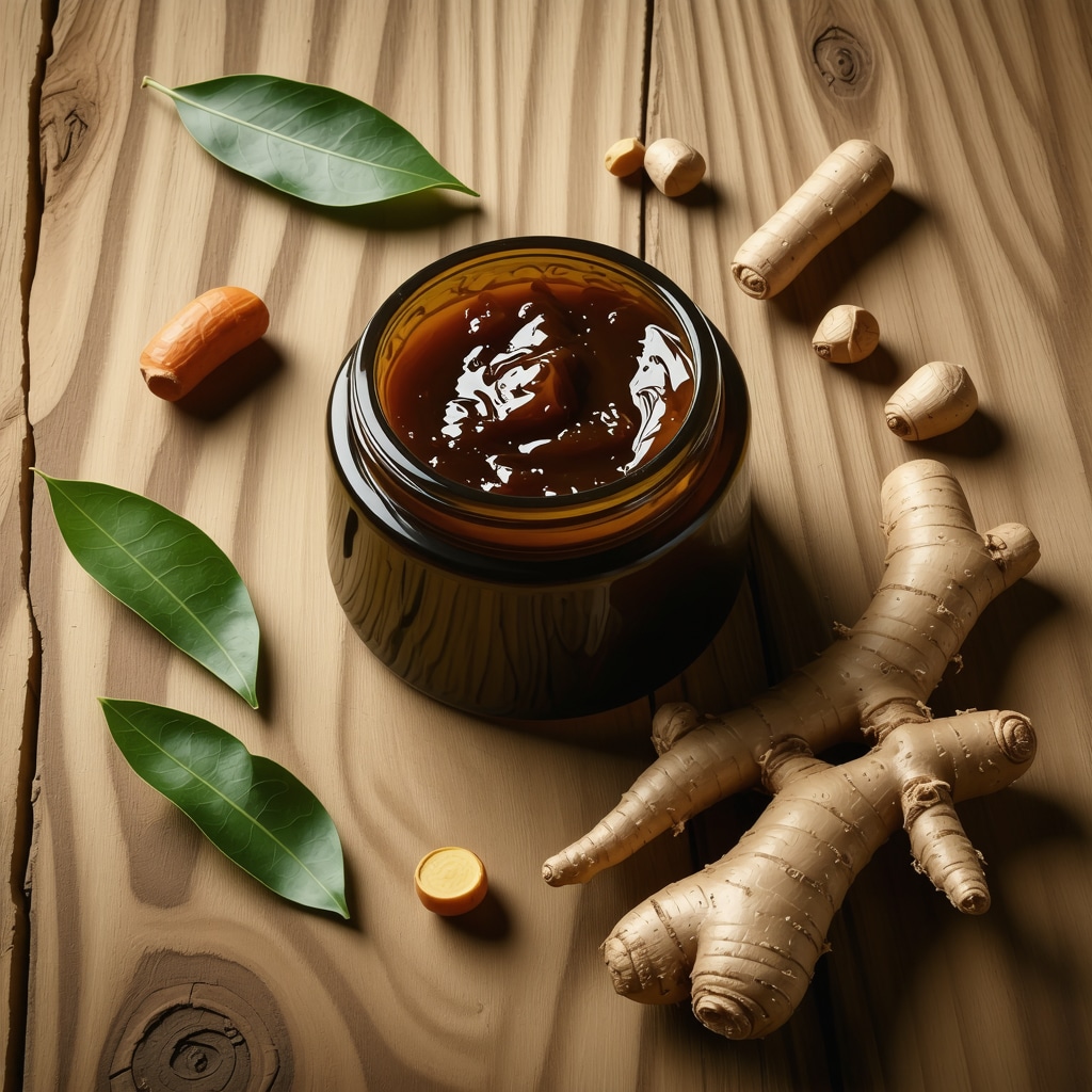 Close-up of a beef tallow skincare cream jar with green tea leaves and turmeric roots