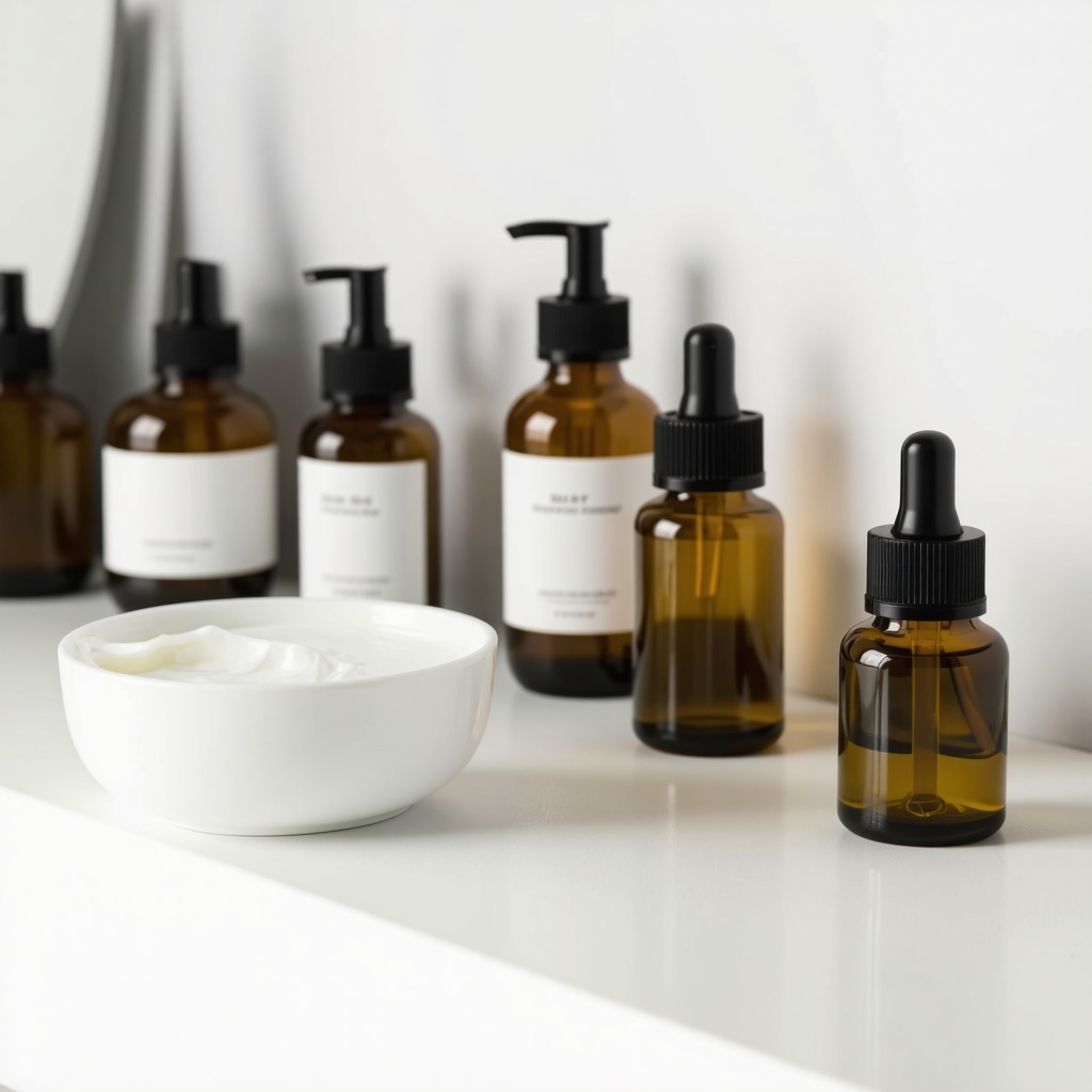 Skincare products including beef tallow cream and serums arranged on vanity