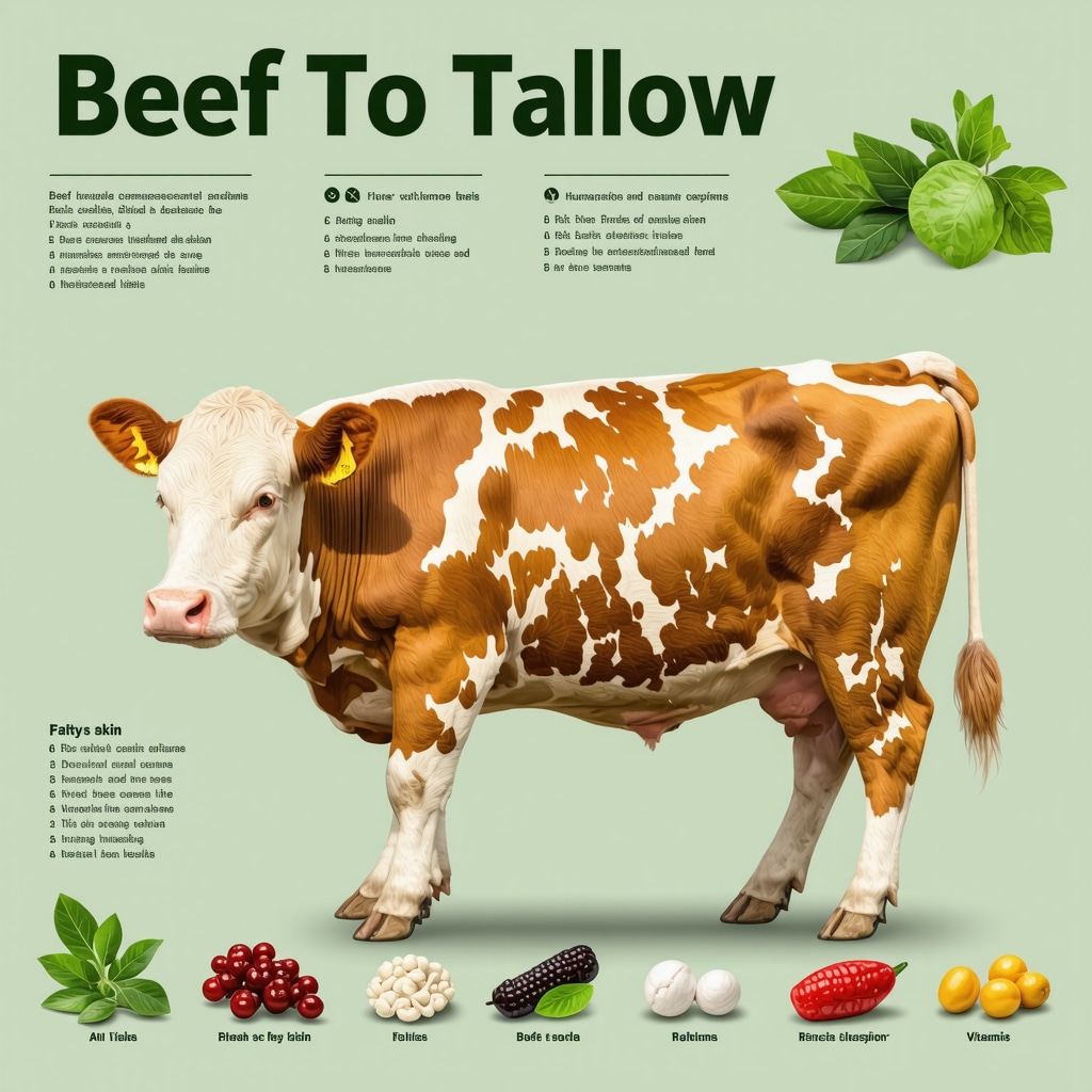 Infographic showing fatty acid profiles of beef tallow and human skin lipids with sustainable farming icons