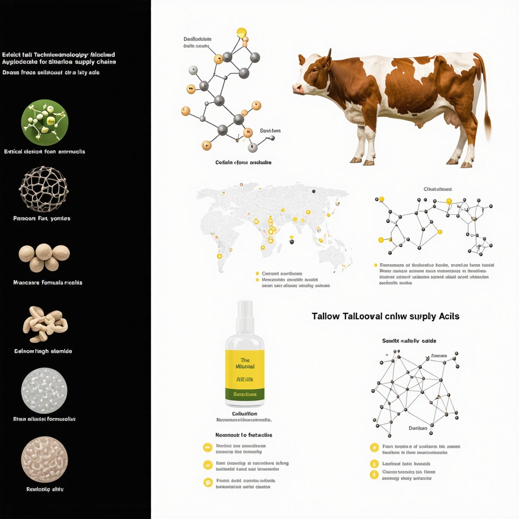 Infographic depicting blockchain traceability in tallow supply chain and molecular delivery systems for skincare