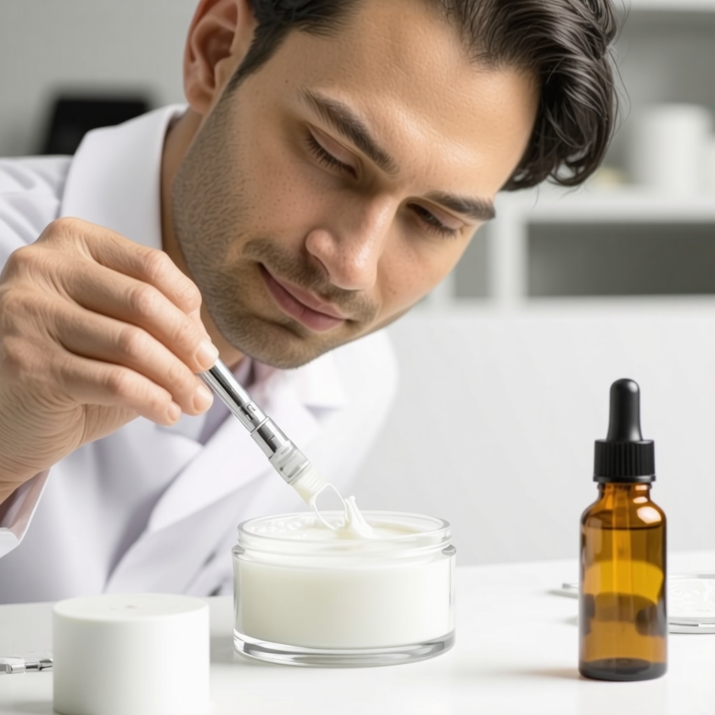 Dermatologist mixing organic tallow cream with prebiotic botanicals and essential oils in a skincare lab