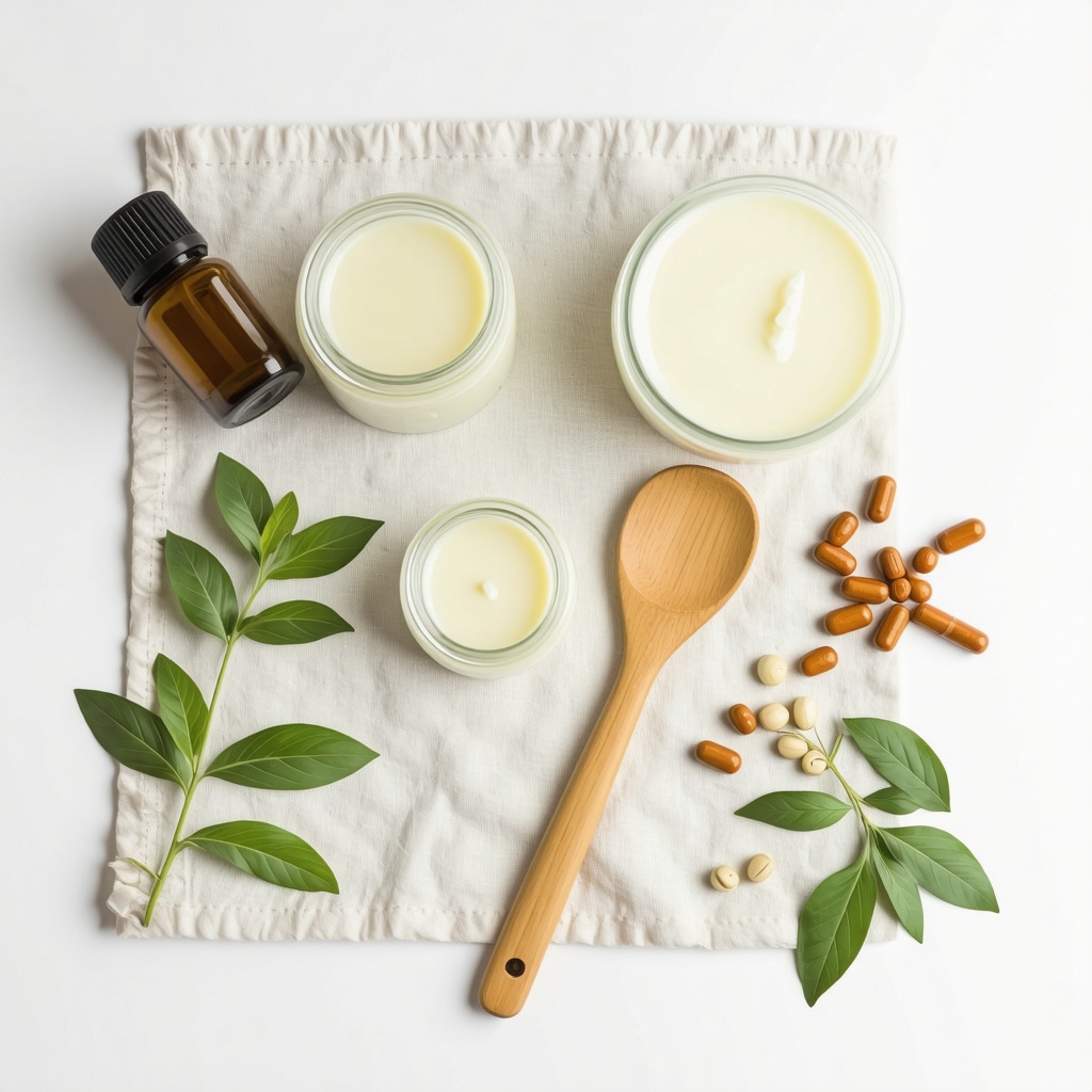 Flat lay of DIY tallow cream ingredients including essential oils, adaptogenic herbs, and vitamin E capsules on natural fabric