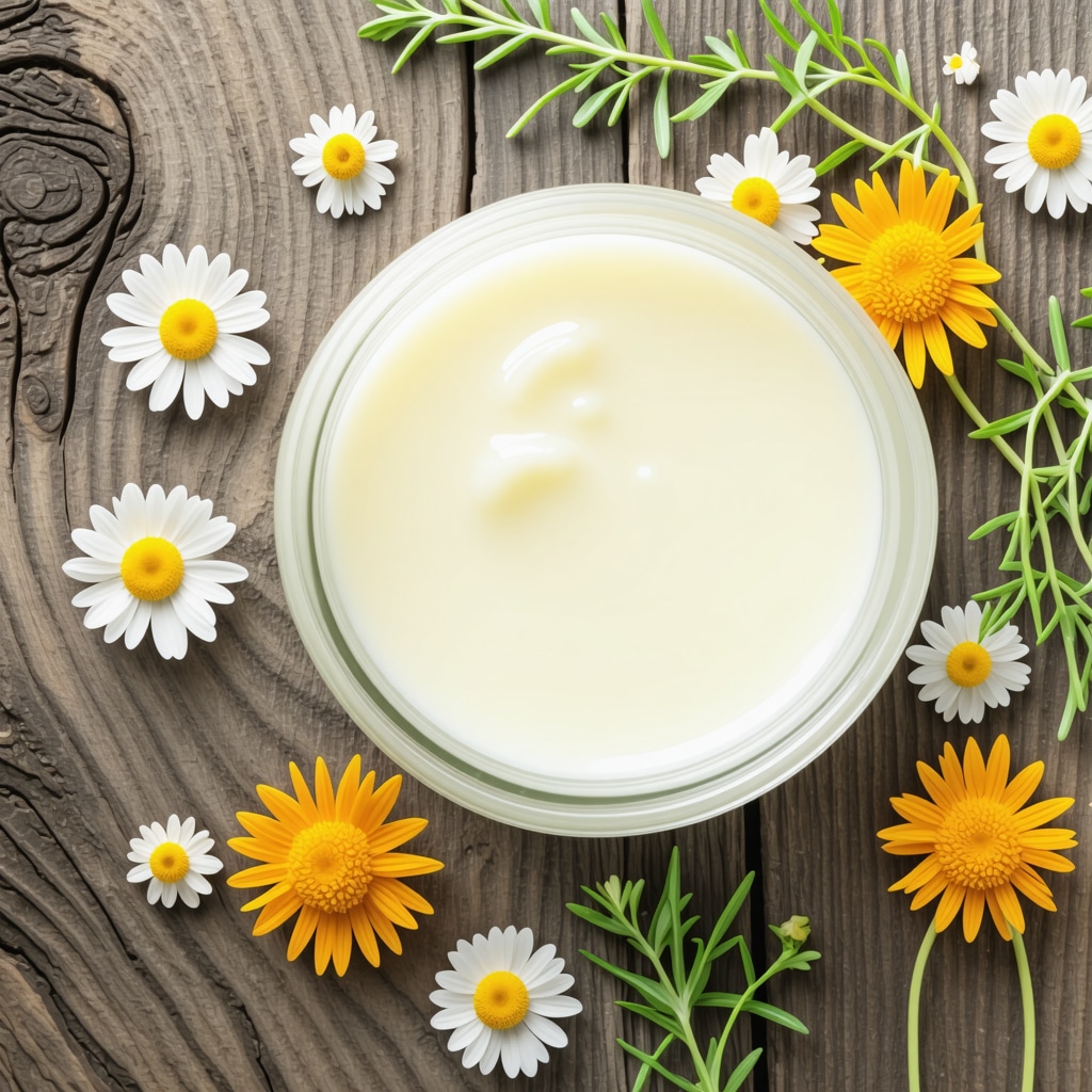 Jar of deodorized organic grass-fed tallow cream with calendula and chamomile flowers on wooden surface