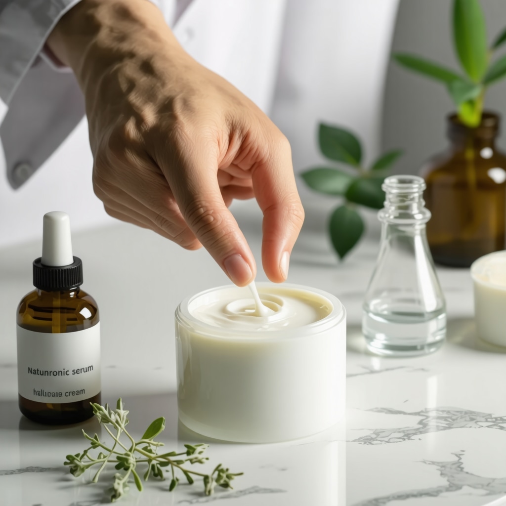 Close-up of hands mixing tallow cream with botanical extracts and hyaluronic acid serum on a clear surface