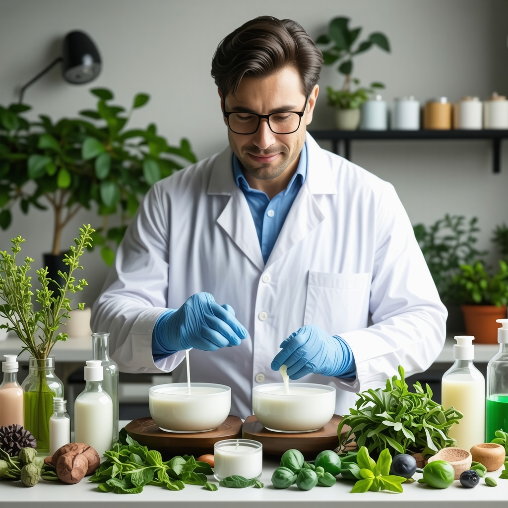 Scientist analyzing tallow cream with antioxidants and sustainable sourcing in a laboratory setting