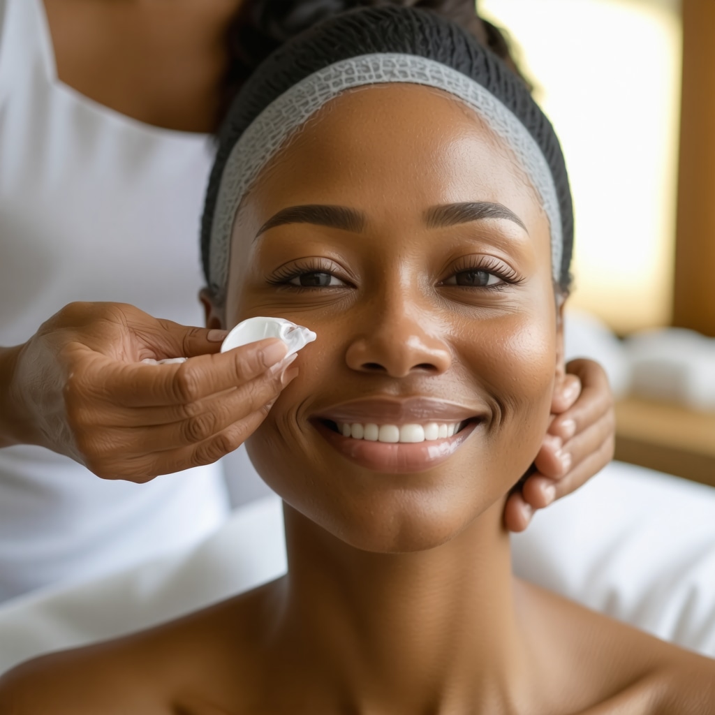 Skincare expert applying tallow cream on various skin types in spa environment