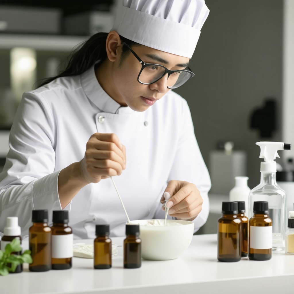 Close-up of hands mixing essential oils into tallow cream in a lab environment