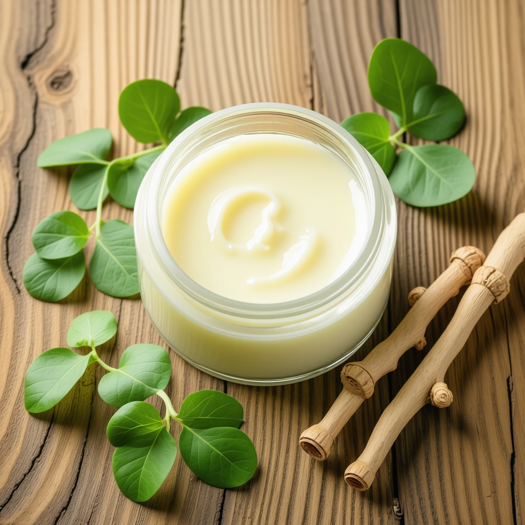 Jar of creamy grass-fed beef tallow skincare balm with Centella asiatica and ashwagandha leaves on wooden background
