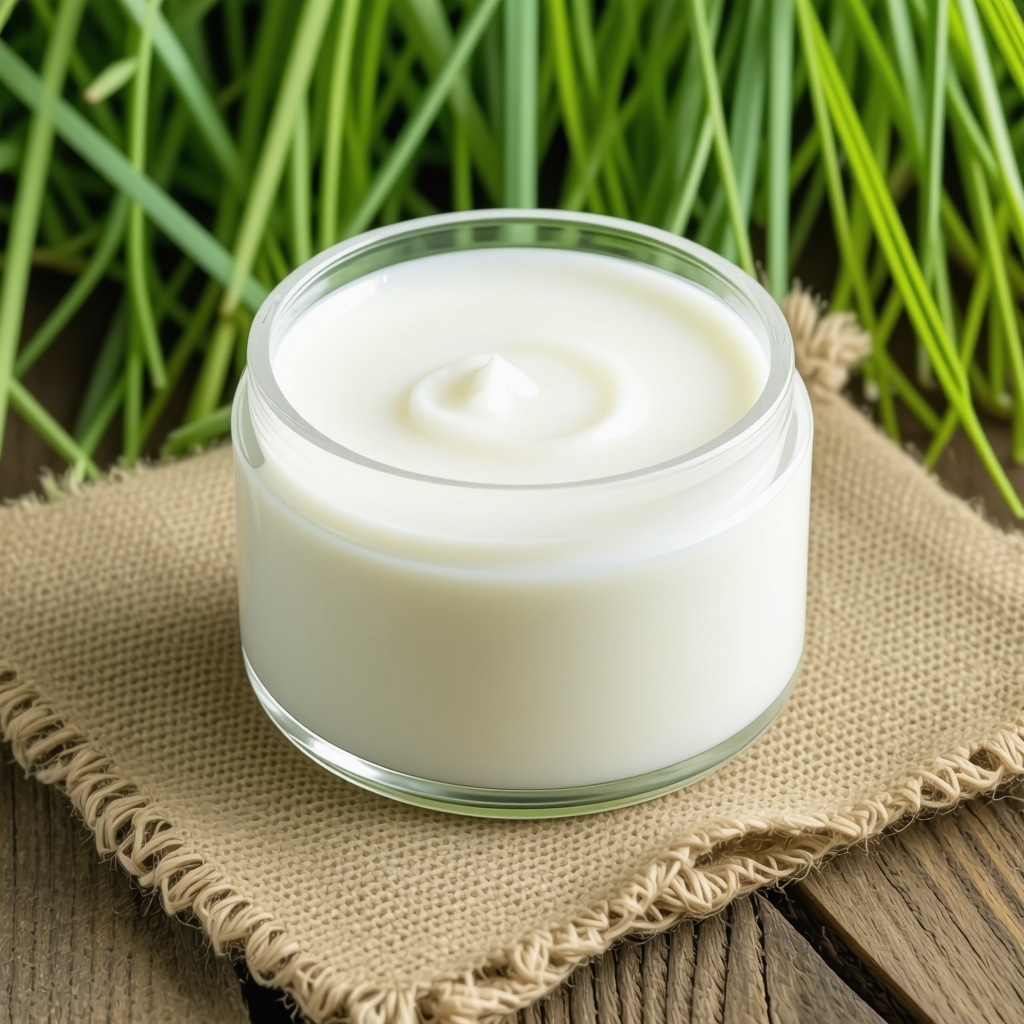 Jar of grass-fed tallow cream with fresh grass background illustrating natural skincare ingredient