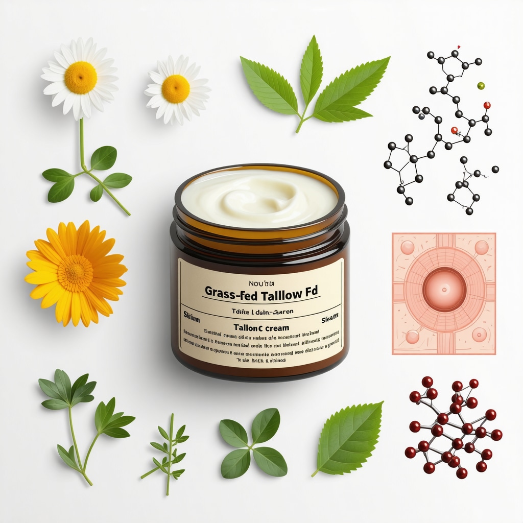 Jar of grass-fed tallow cream with botanicals and skin lipid diagram