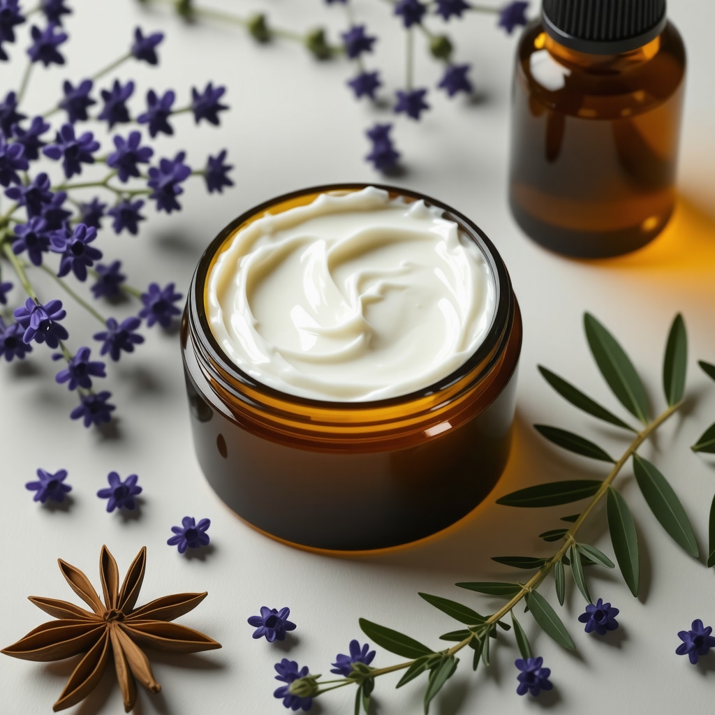 Jar of grass-fed tallow cream with surrounding botanicals and skincare lab equipment symbolizing tradition and science