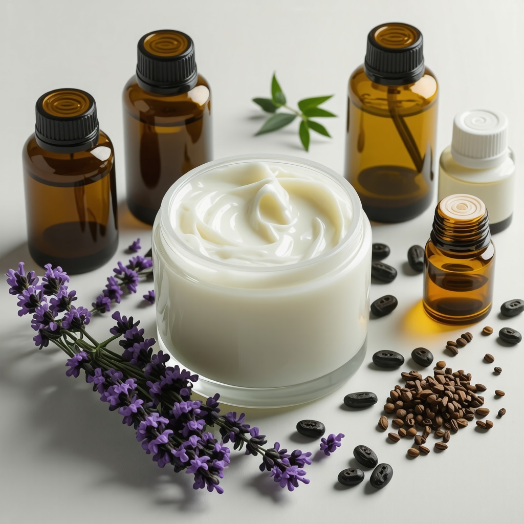 Jar of grass-fed tallow cream with essential oil bottles and natural botanical ingredients on neutral background