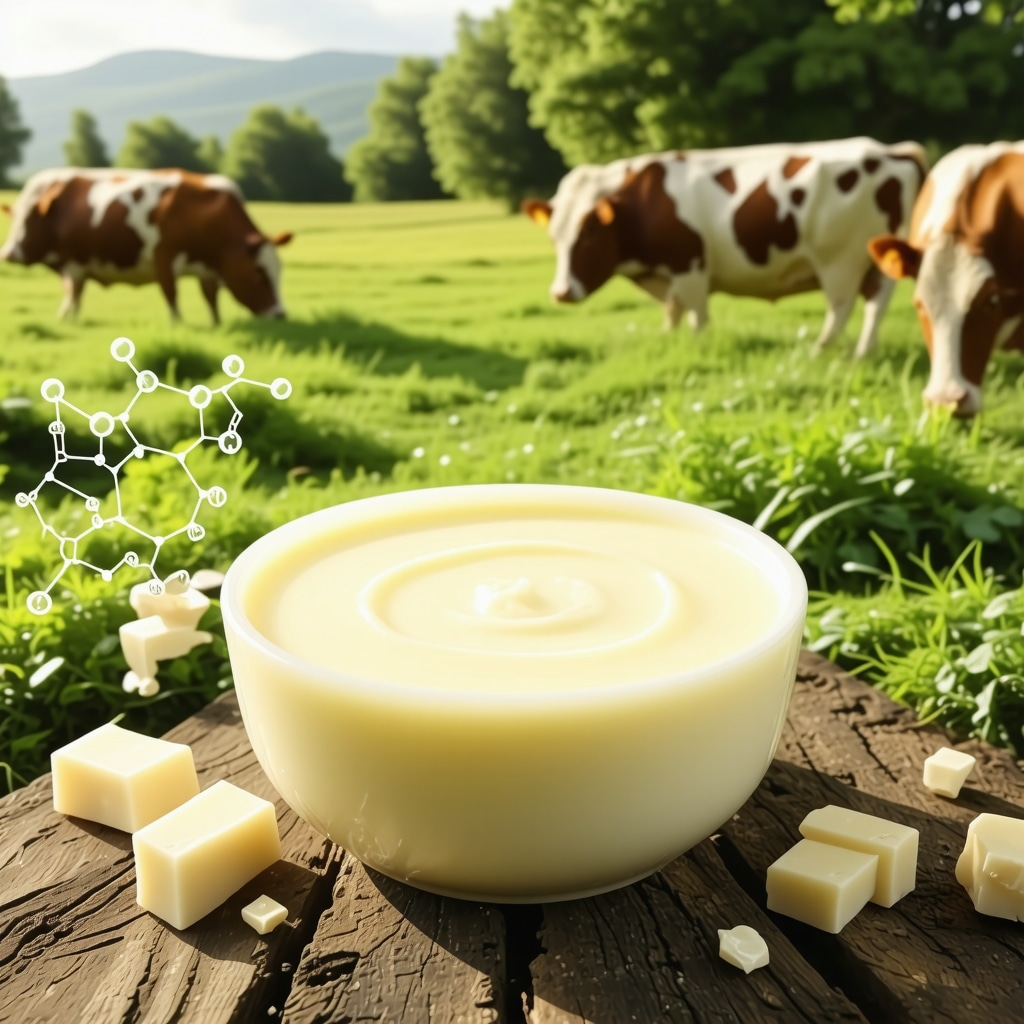 Close-up of grass-fed tallow cream with molecular graphics and pasture background