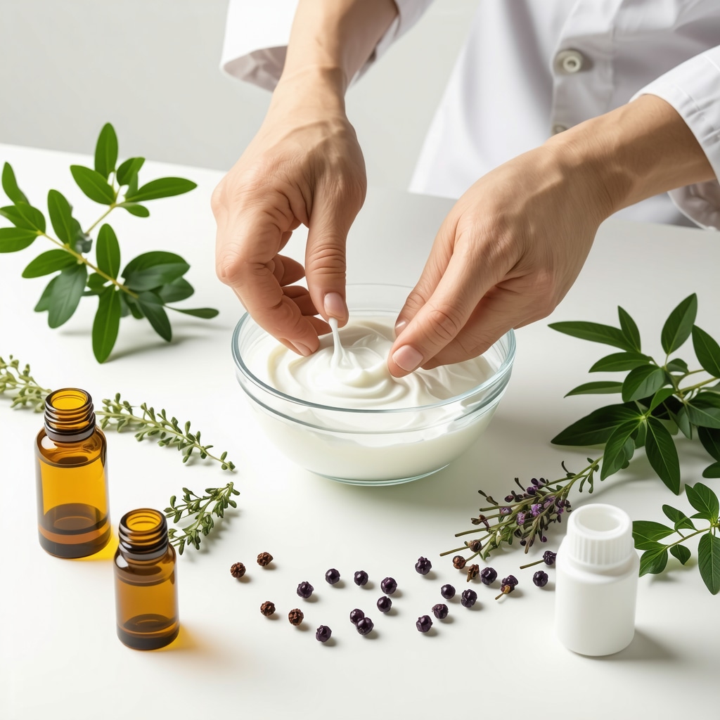 Scientist mixing grass-fed tallow cream with botanicals and essential oils on lab bench