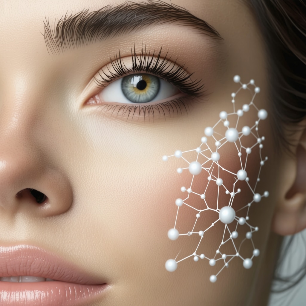 Close-up of tallow cream texture on skin with molecular lipid graphics showing skin barrier repair
