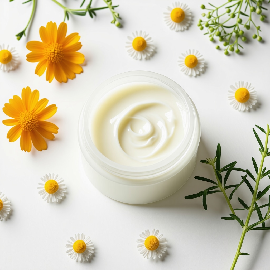 Jar of grass-fed tallow cream surrounded by calendula and chamomile flowers on a natural wooden surface