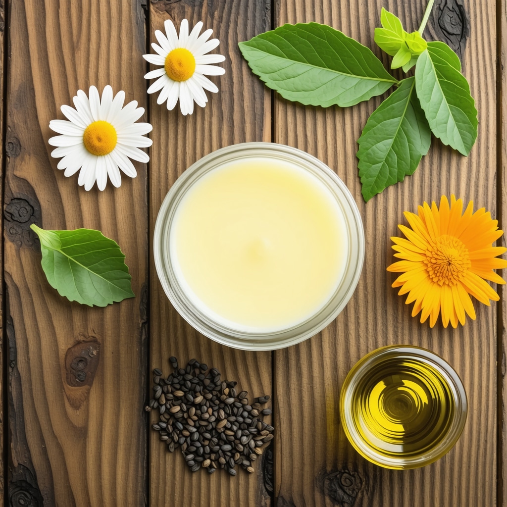 Glass jar of tallow balm surrounded by chamomile flowers, calendula petals, green tea leaves, and small bottles of carrier oils on a wooden background