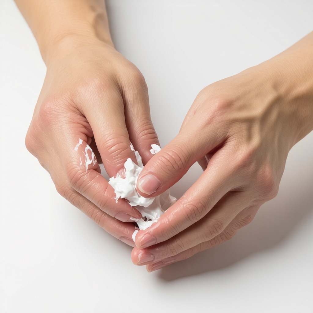 Close-up image of cracked hands receiving application of beef tallow cream to illustrate advanced skincare treatment