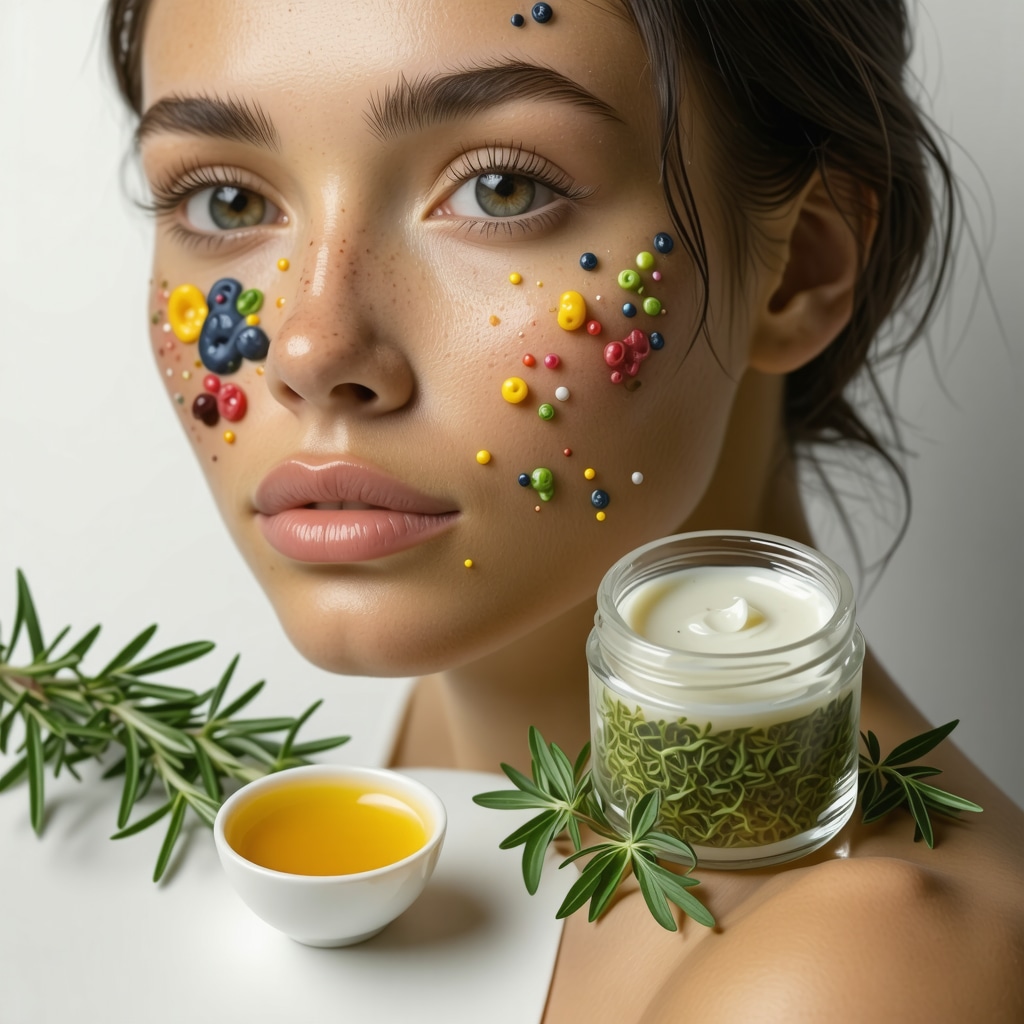 Illustration of skin microbiome with grass-fed tallow cream and antioxidant botanicals like green tea and rosemary
