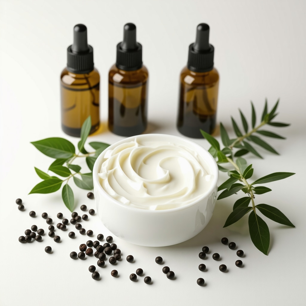 Tallow cream jar with botanical oils and fresh herbs arranged on a bathroom counter illustrating layered moisturizing routine