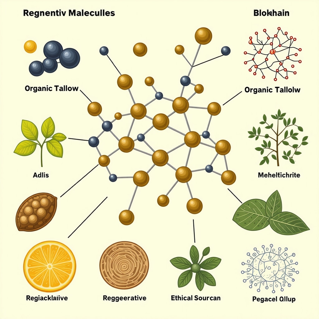 Scientific diagram illustrating lipid interactions in skin with organic tallow molecules and symbols of regenerative agriculture and blockchain for ethical sourcing