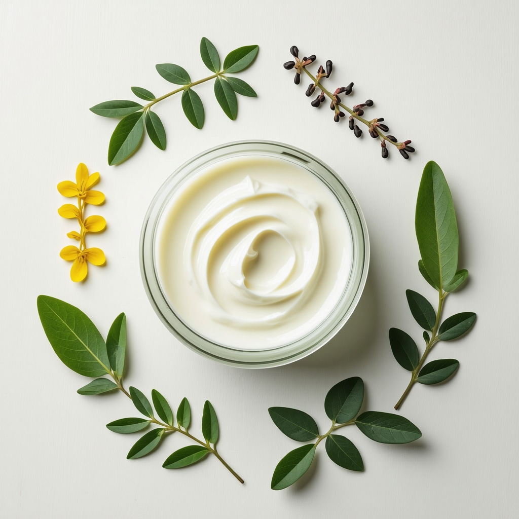 Jar of whipped grass-fed tallow cream with surrounding botanicals and skincare ingredients on wooden surface