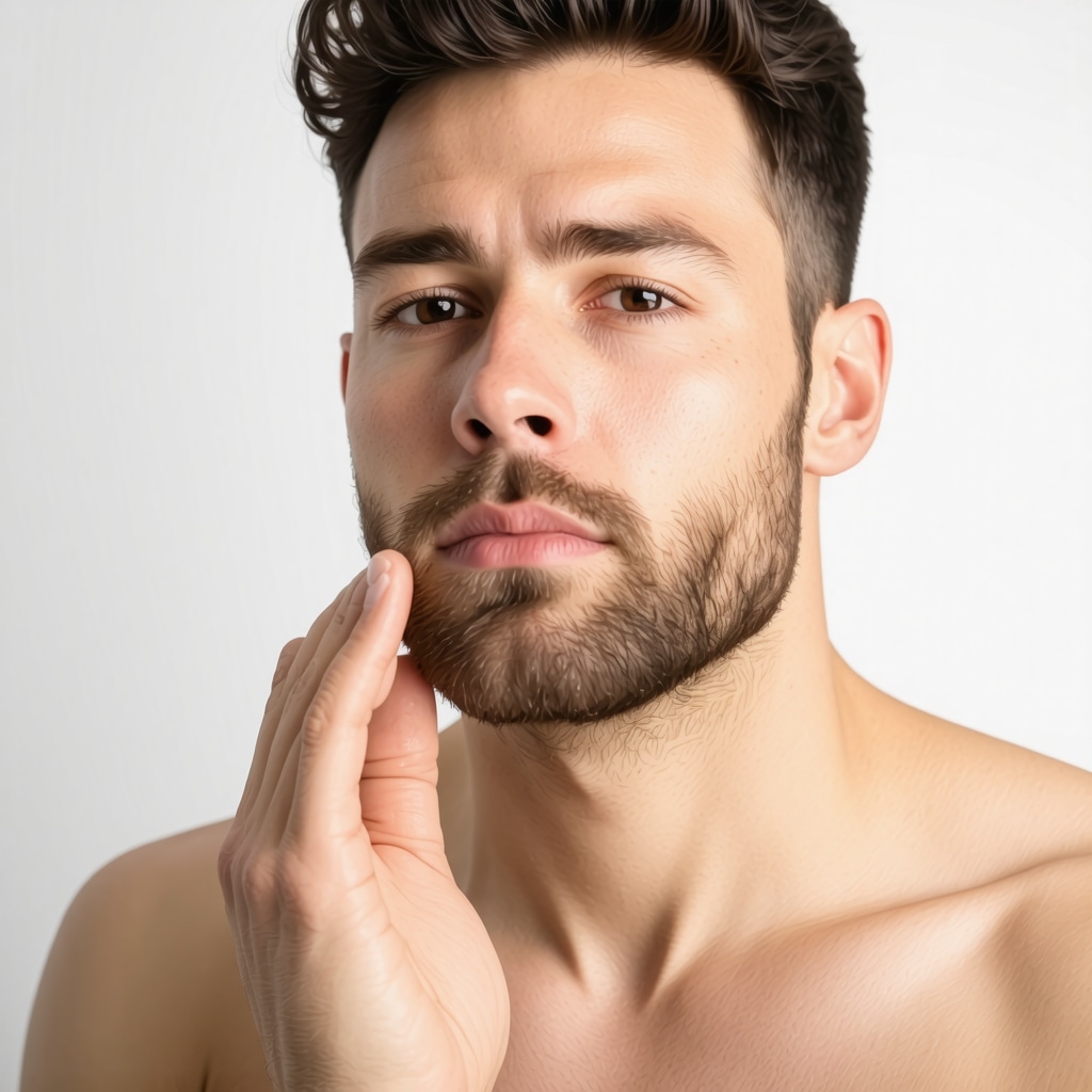 Rugged man applying tallow moisturizer to his face in natural light