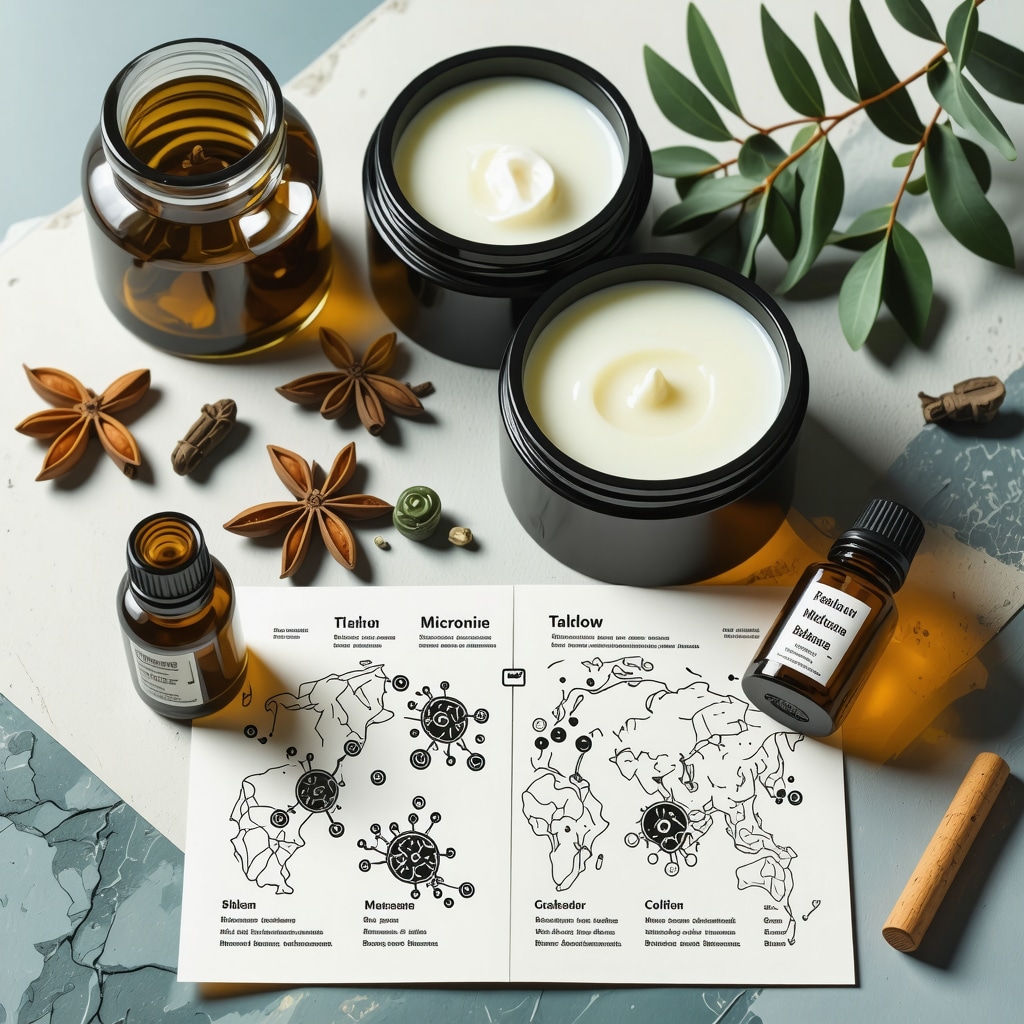 Organic grass-fed tallow cream with natural essential oils and skin microbiome scientific illustration